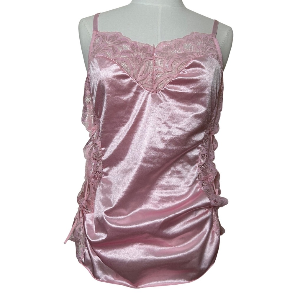 Y2K Pink Satin Lace Trim Cami Slip Lingerie Bows Tank Top Women's Size L